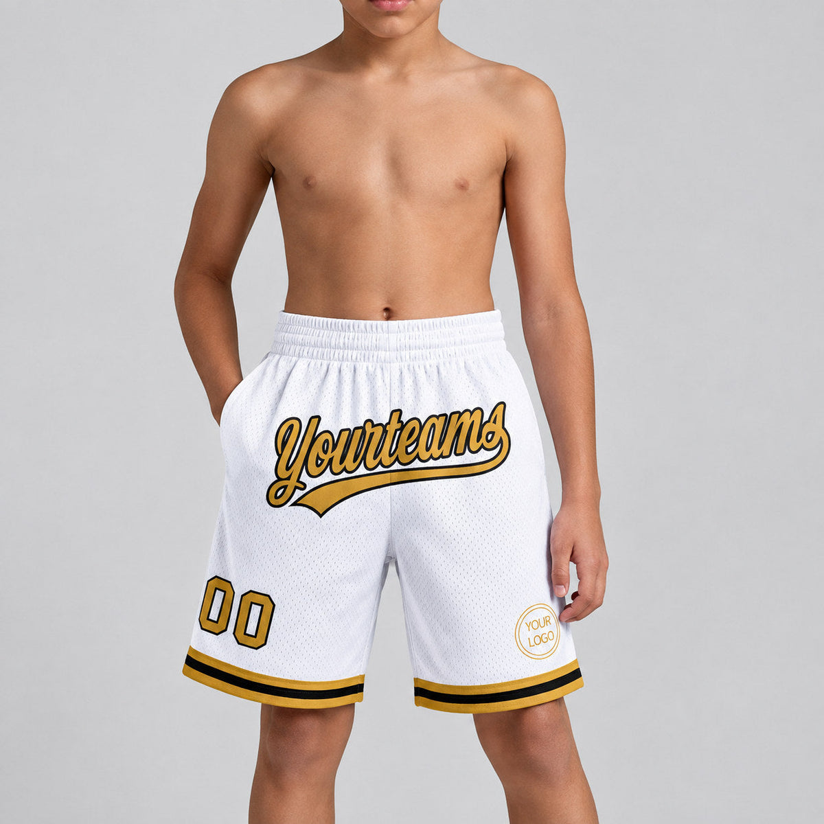 Custom White Authentic Throwback Basketball Shorts with Old Gold and Black Lettering Design 1306 youth size worn by child model