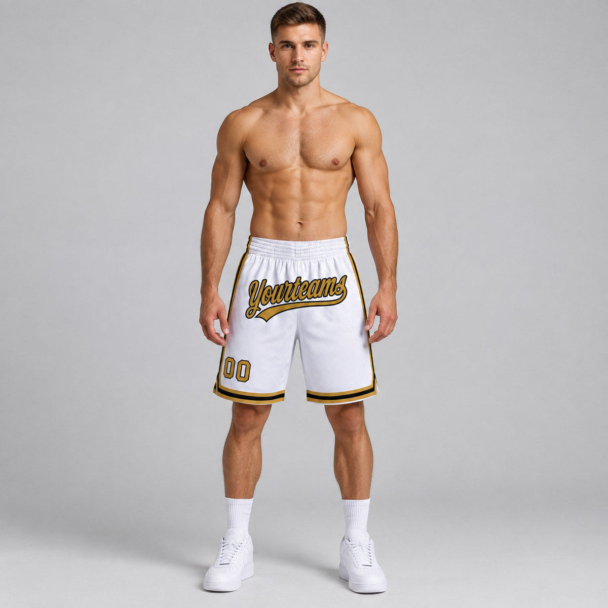 Custom White Authentic Throwback Basketball Shorts with Old Gold and Black Lettering Design 1306 worn by male model