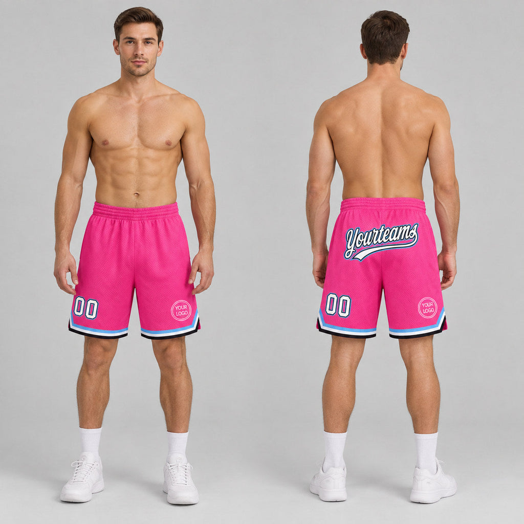 Custom Pink and White Authentic Throwback Basketball Shorts with Black and Light Blue Lettering worn by male model