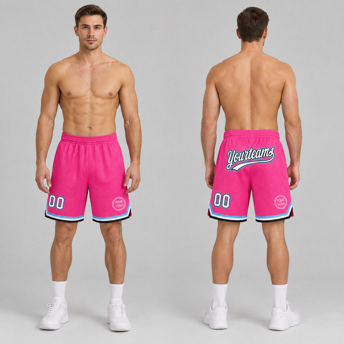 Custom Pink and White Authentic Throwback Basketball Shorts with Black and Light Blue Lettering worn by male model