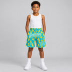 Custom Lakes Blue Duck Authentic Basketball Shorts with Yellow and White Lettering youth size worn by child model