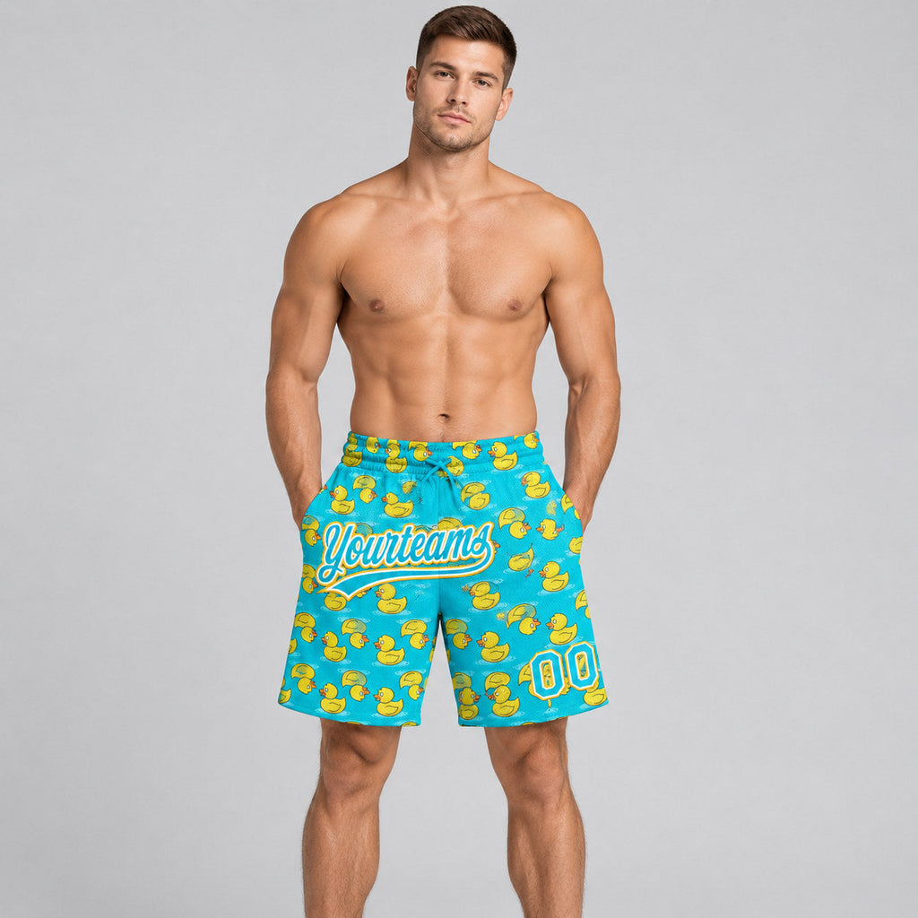 Custom Lakes Blue Duck Authentic Basketball Shorts with Yellow and White Lettering worn by male model