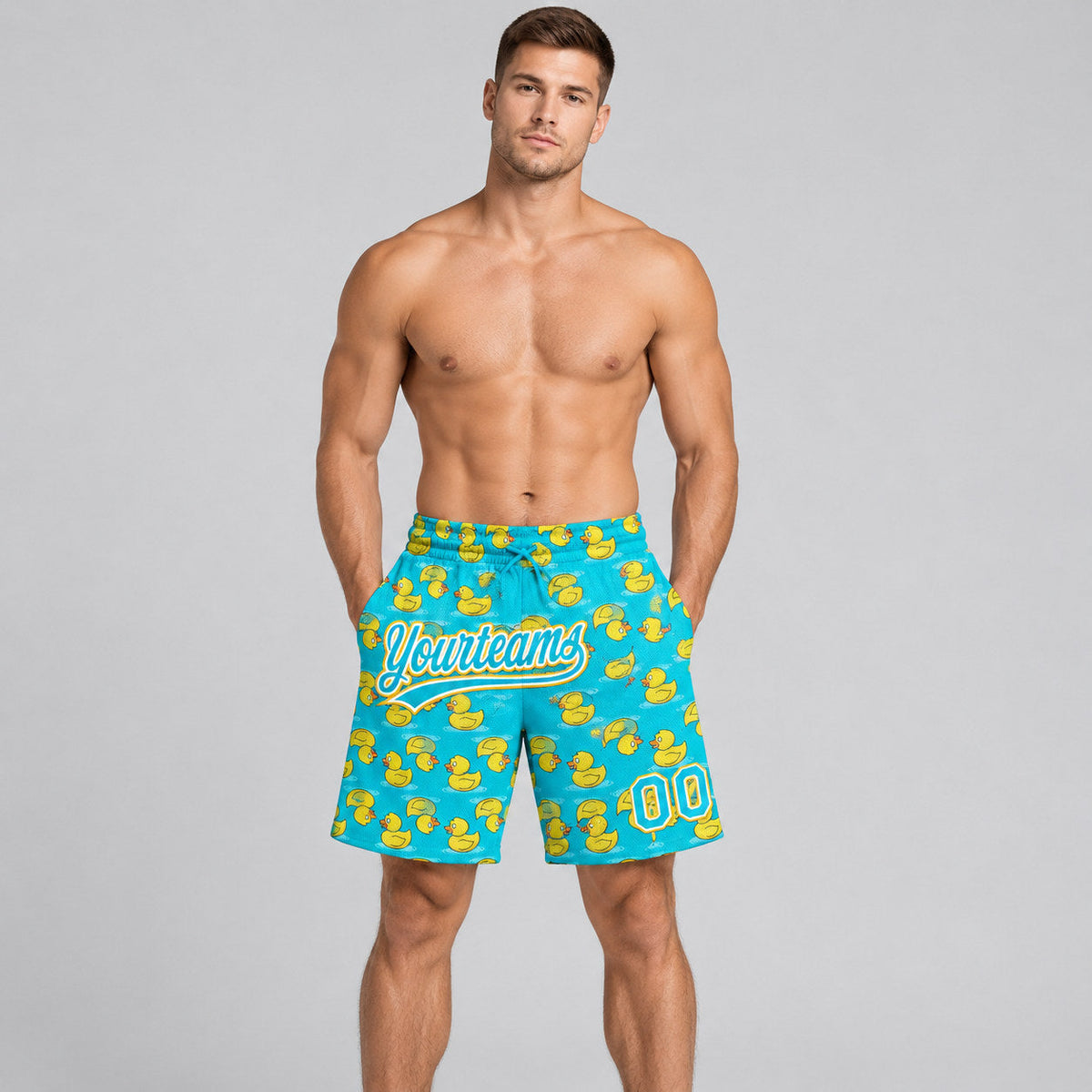 Custom Lakes Blue Duck Authentic Basketball Shorts with Yellow and White Lettering worn by male model
