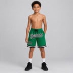 Custom Kelly Green Authentic Throwback Basketball Shorts with Black and White Lettering Design 0395 youth size worn by child model