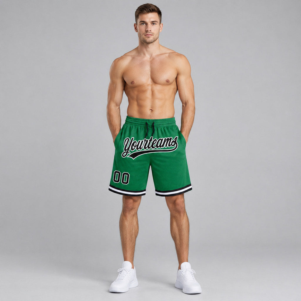 Custom Kelly Green Authentic Throwback Basketball Shorts with Black and White Lettering Design 0395 worn by male model