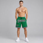 Custom Kelly Green Authentic Throwback Basketball Shorts with Black and White Lettering Design 0395 worn by male model