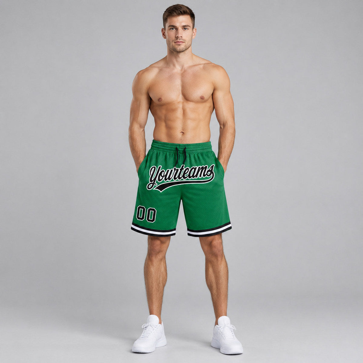 Custom Kelly Green Authentic Throwback Basketball Shorts with Black and White Lettering Design 0395 worn by male model