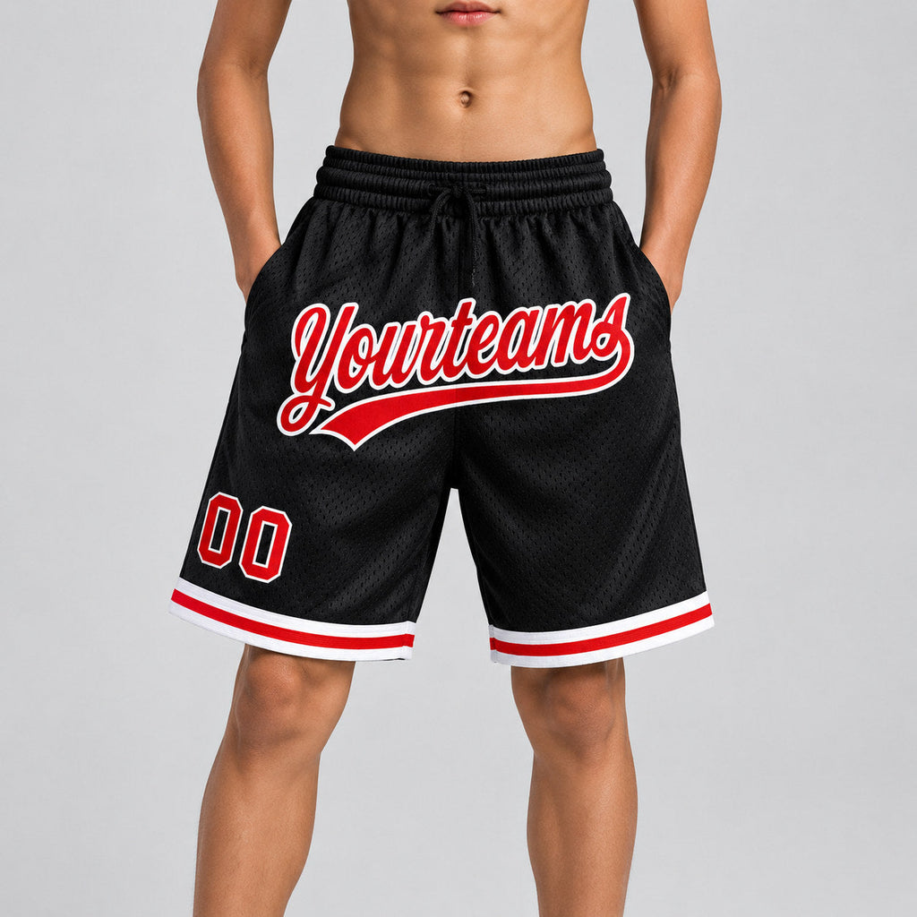 Custom Black Authentic Throwback Basketball Shorts with Red and White Lettering Design 1398 youth size worn by child model
