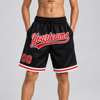 Custom Black Authentic Throwback Basketball Shorts with Red and White Lettering Design 1398 youth size worn by child model