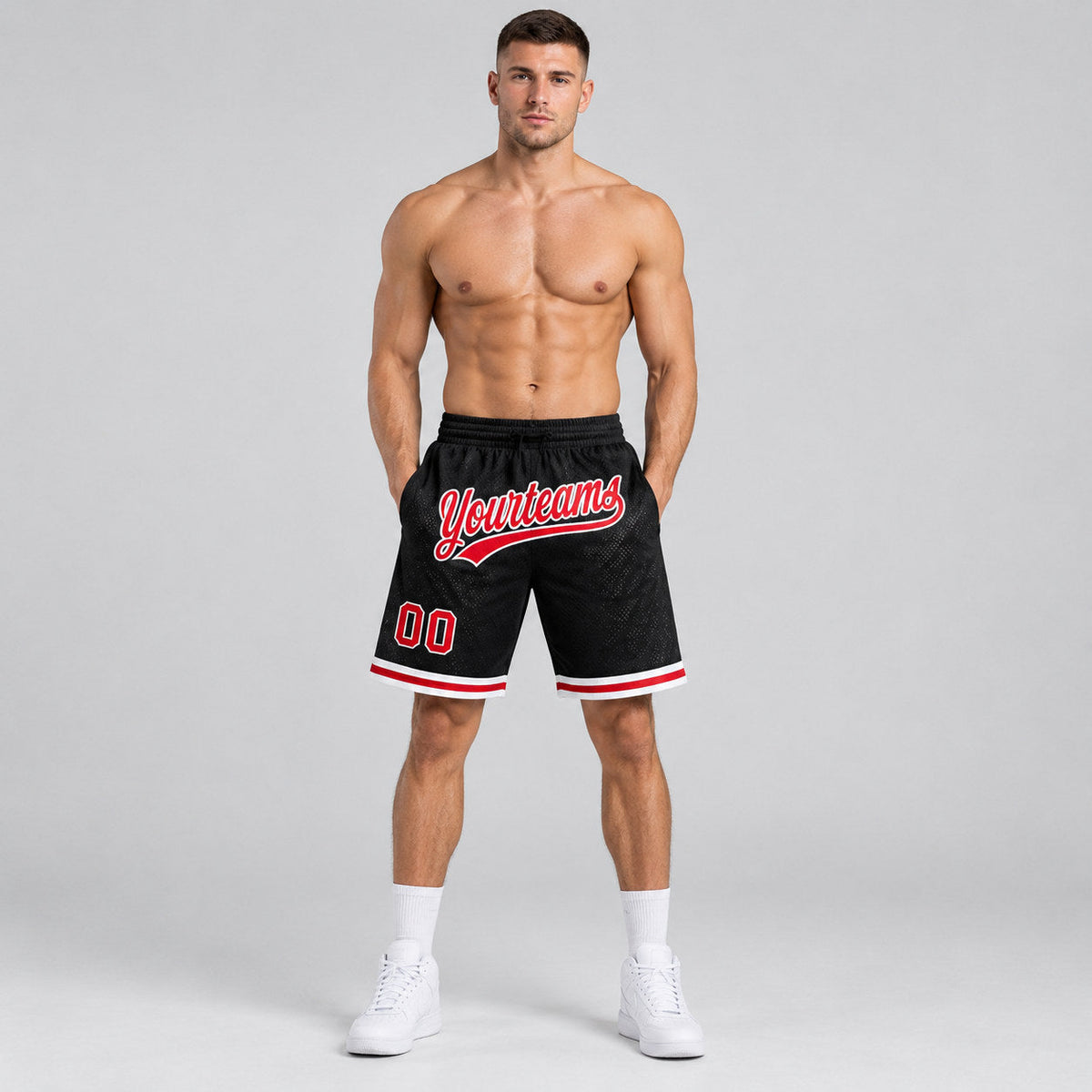 Custom Black Authentic Throwback Basketball Shorts with Red and White Lettering Design 1398 worn by male model