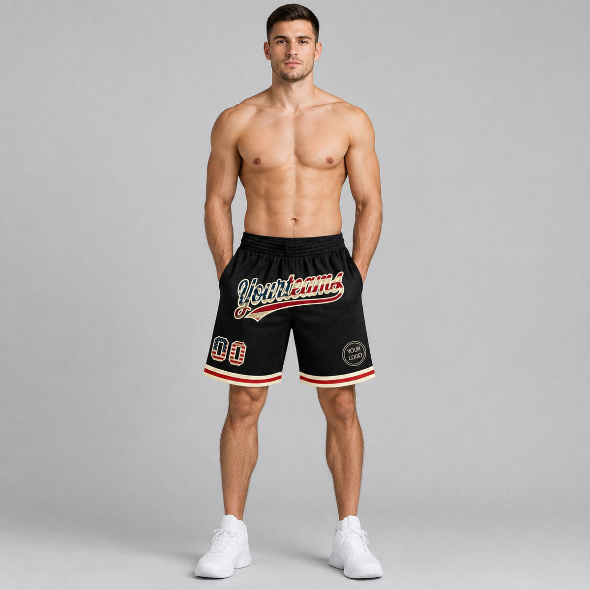 Custom Black Vintage USA Flag Authentic Throwback Basketball Shorts with Cream Lettering worn by male model