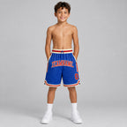 Custom Blue Authentic Throwback Basketball Shorts with Red and Cream Lettering youth size worn by child model