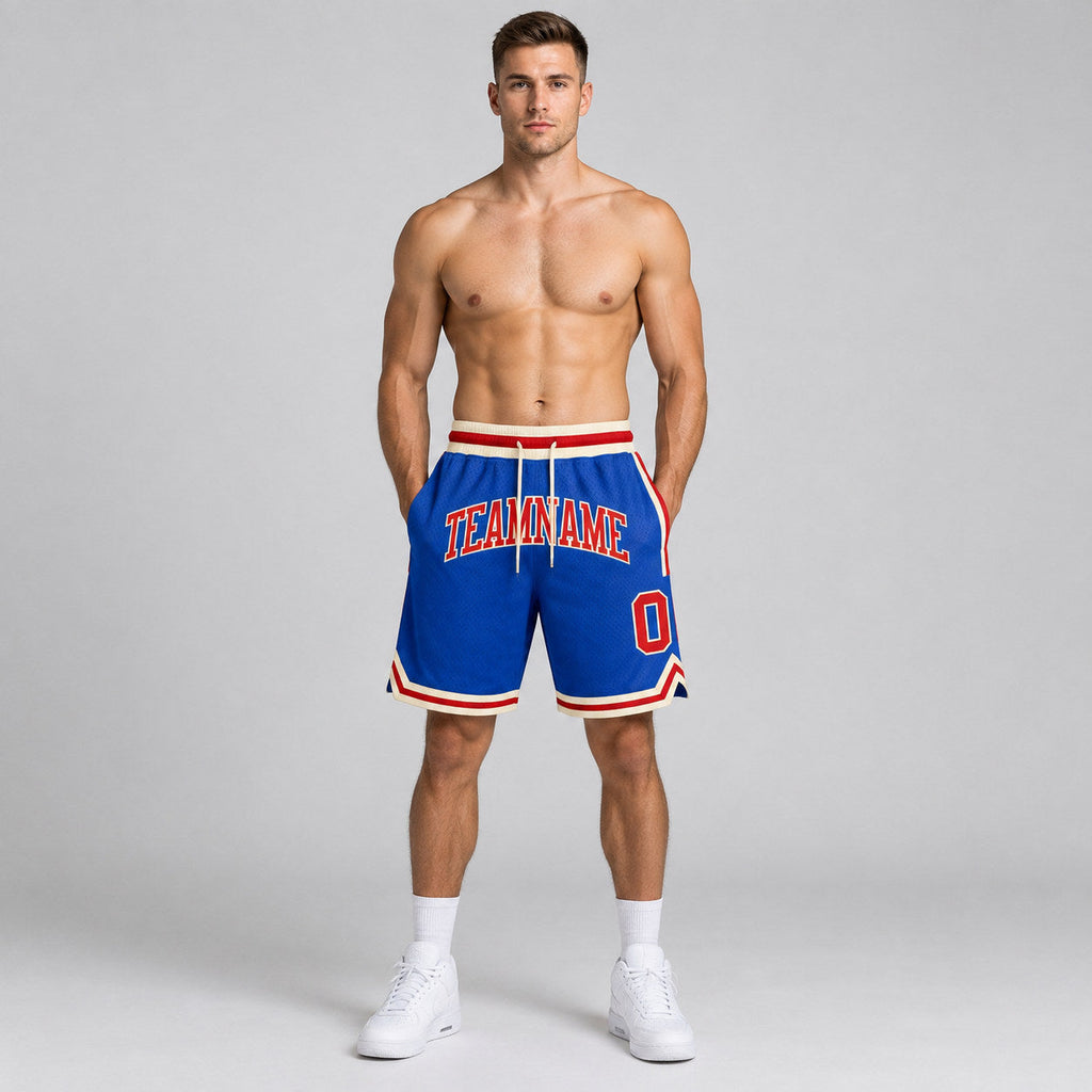Custom Blue Authentic Throwback Basketball Shorts with Red and Cream Lettering worn by male model