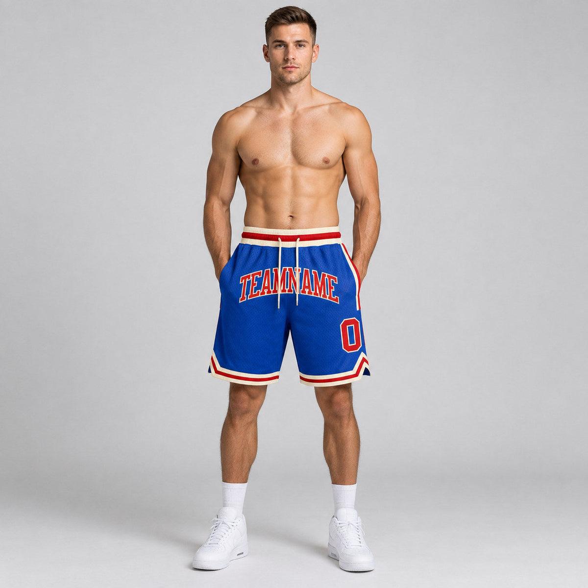 Custom Blue Authentic Throwback Basketball Shorts with Red and Cream Lettering worn by male model