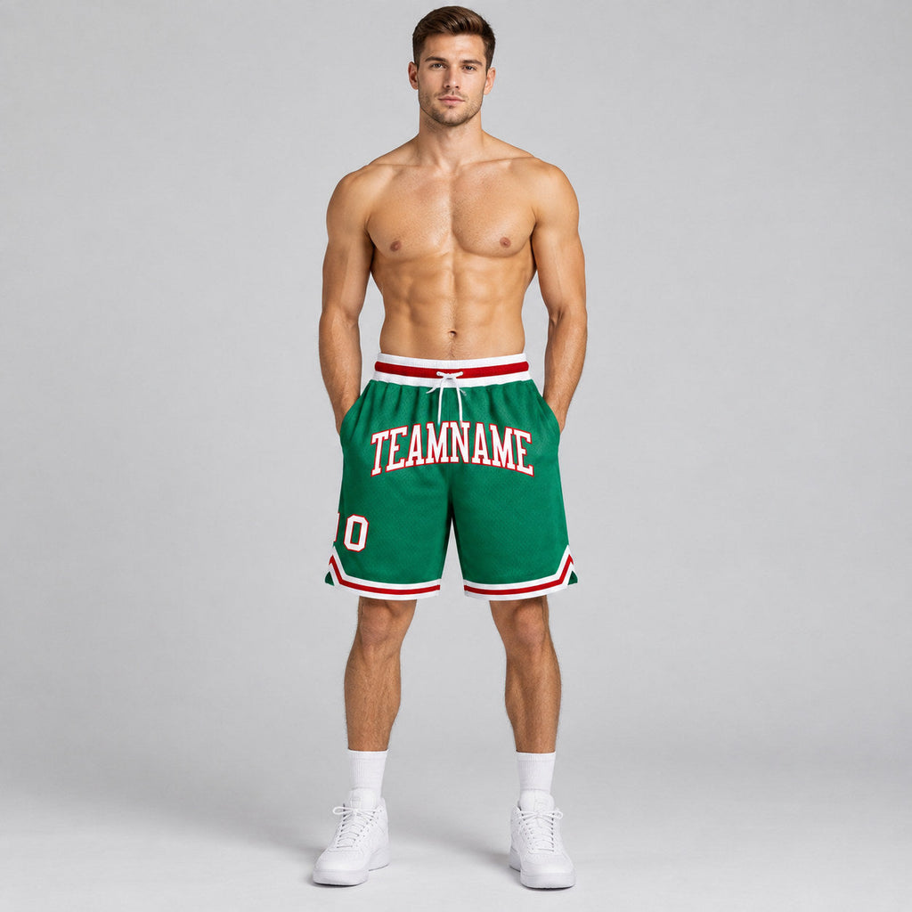 Custom Kelly Green Authentic Throwback Basketball Shorts with White and Red Lettering worn by male model