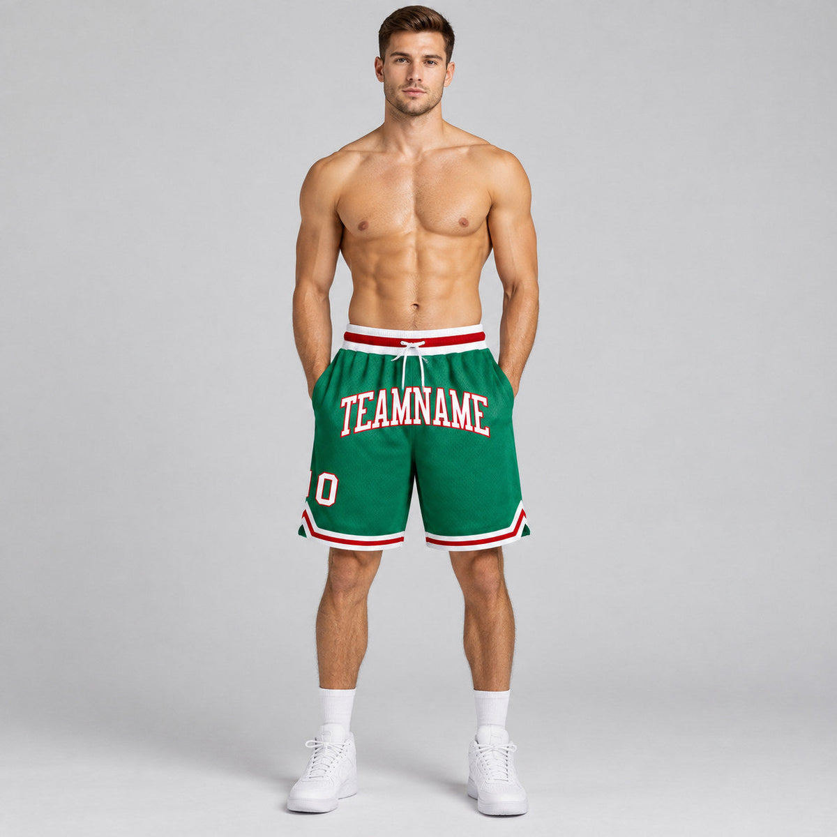 Custom Kelly Green Authentic Throwback Basketball Shorts with White and Red Lettering worn by male model