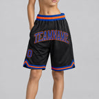 Custom Black Authentic Throwback Basketball Shorts with Royal and Orange Lettering Design 1275 youth size worn by child model