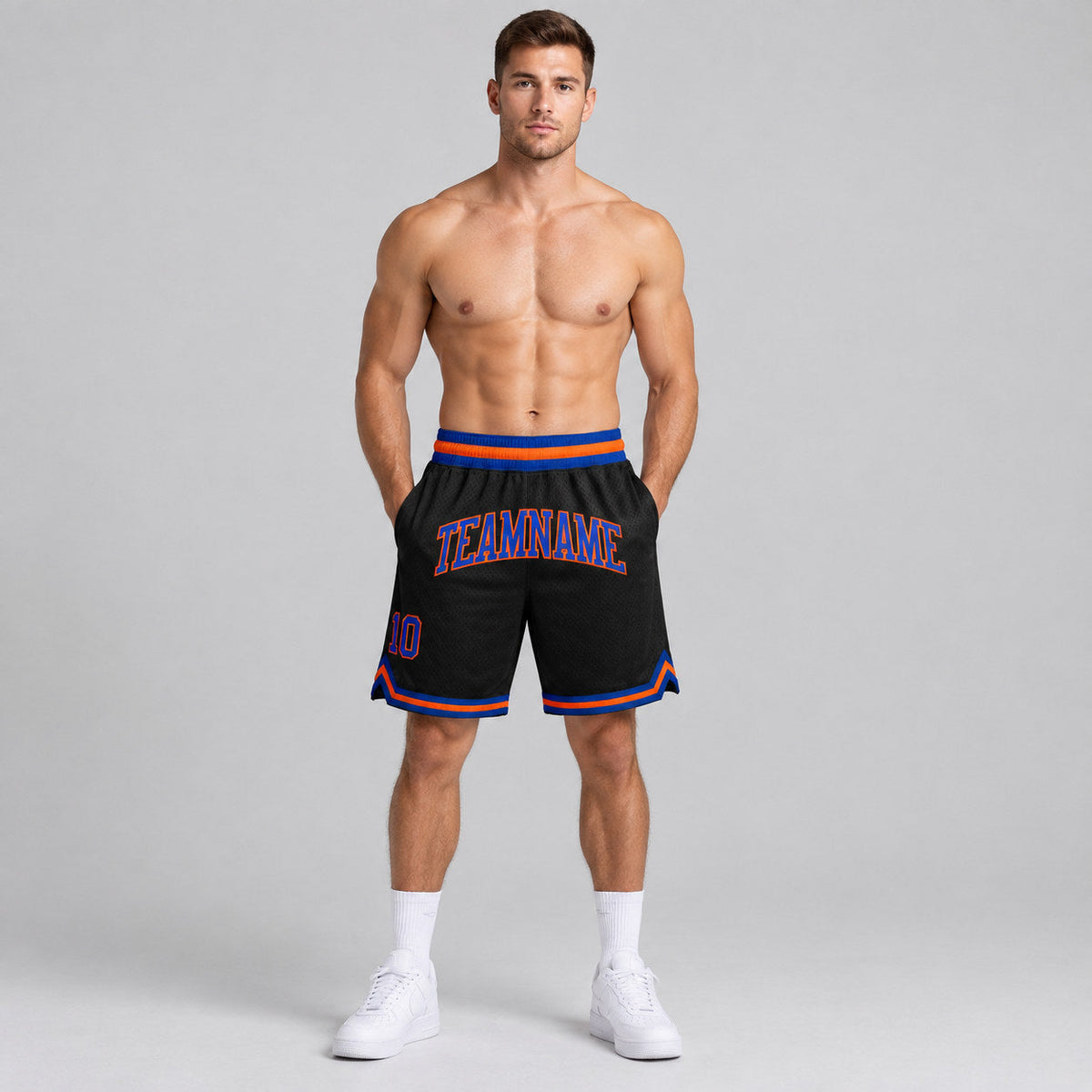 Custom Black Authentic Throwback Basketball Shorts with Royal and Orange Lettering Design 1275 worn by male model