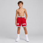 Custom Red Authentic Throwback Basketball Shorts with White and Gray Lettering youth size worn by child model