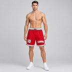 Custom Red Authentic Throwback Basketball Shorts with White and Gray Lettering worn by male model