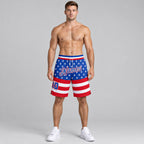 Custom Royal American Flag Authentic Basketball Shorts with Royal and Red Lettering worn by male model