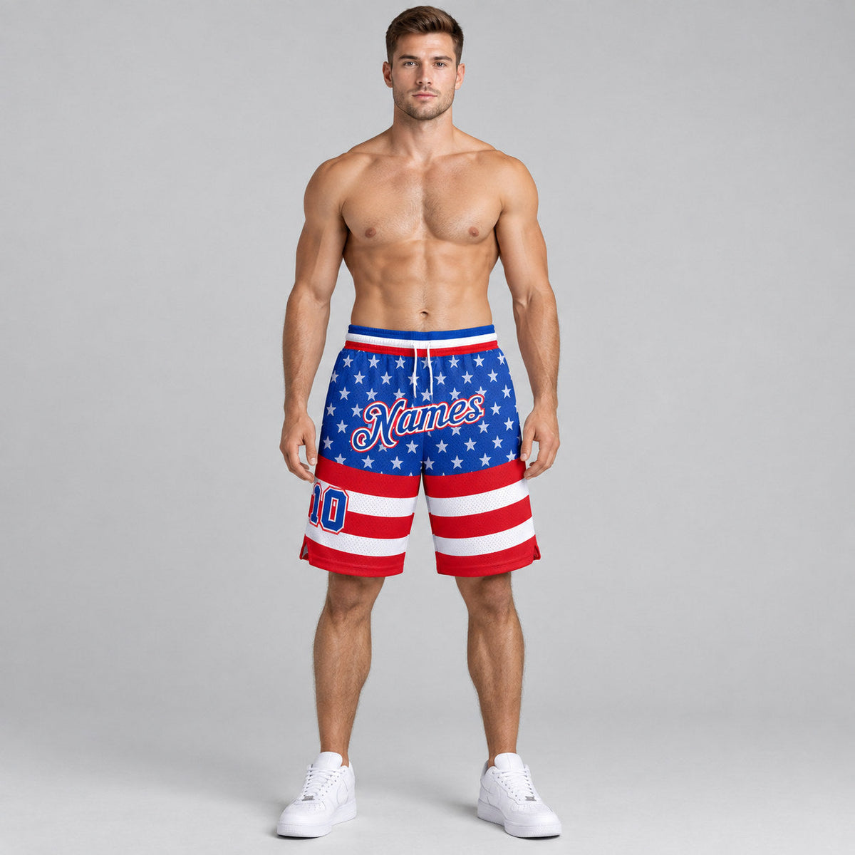 Custom Royal American Flag Authentic Basketball Shorts with Royal and Red Lettering worn by male model