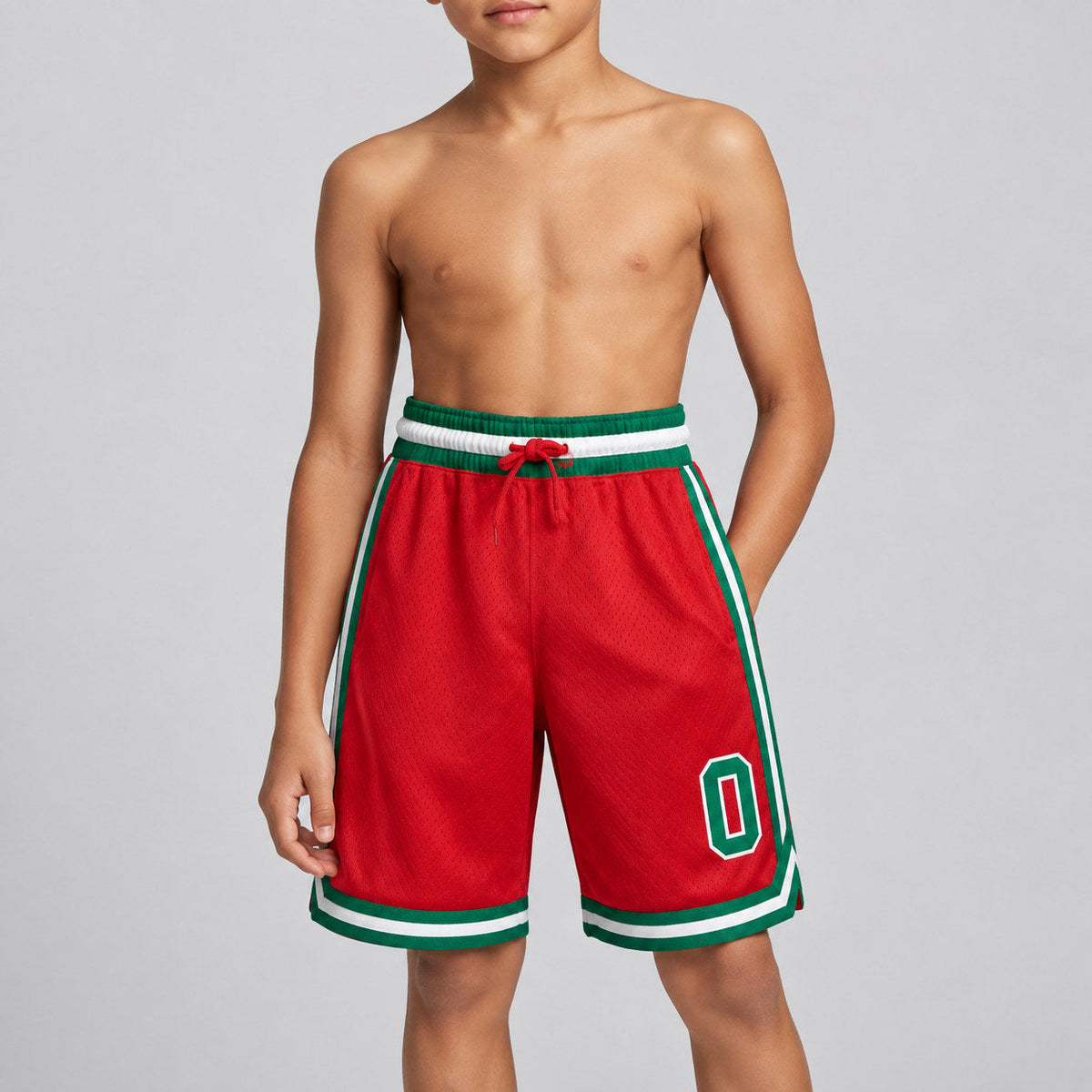 Custom Red Authentic Throwback Basketball Shorts with Kelly Green and White Lettering youth size worn by child model