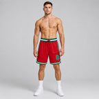 Custom Red Authentic Throwback Basketball Shorts with Kelly Green and White Lettering worn by male model