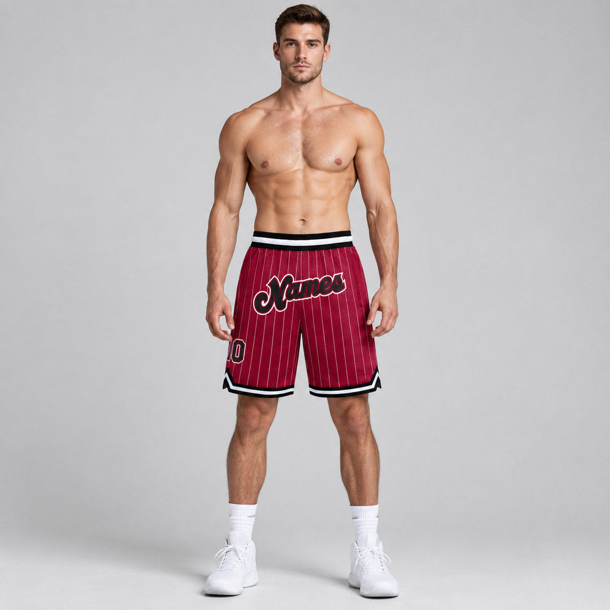 Custom Maroon and White Pinstripe Authentic Basketball Shorts with Black and White Lettering worn by male model