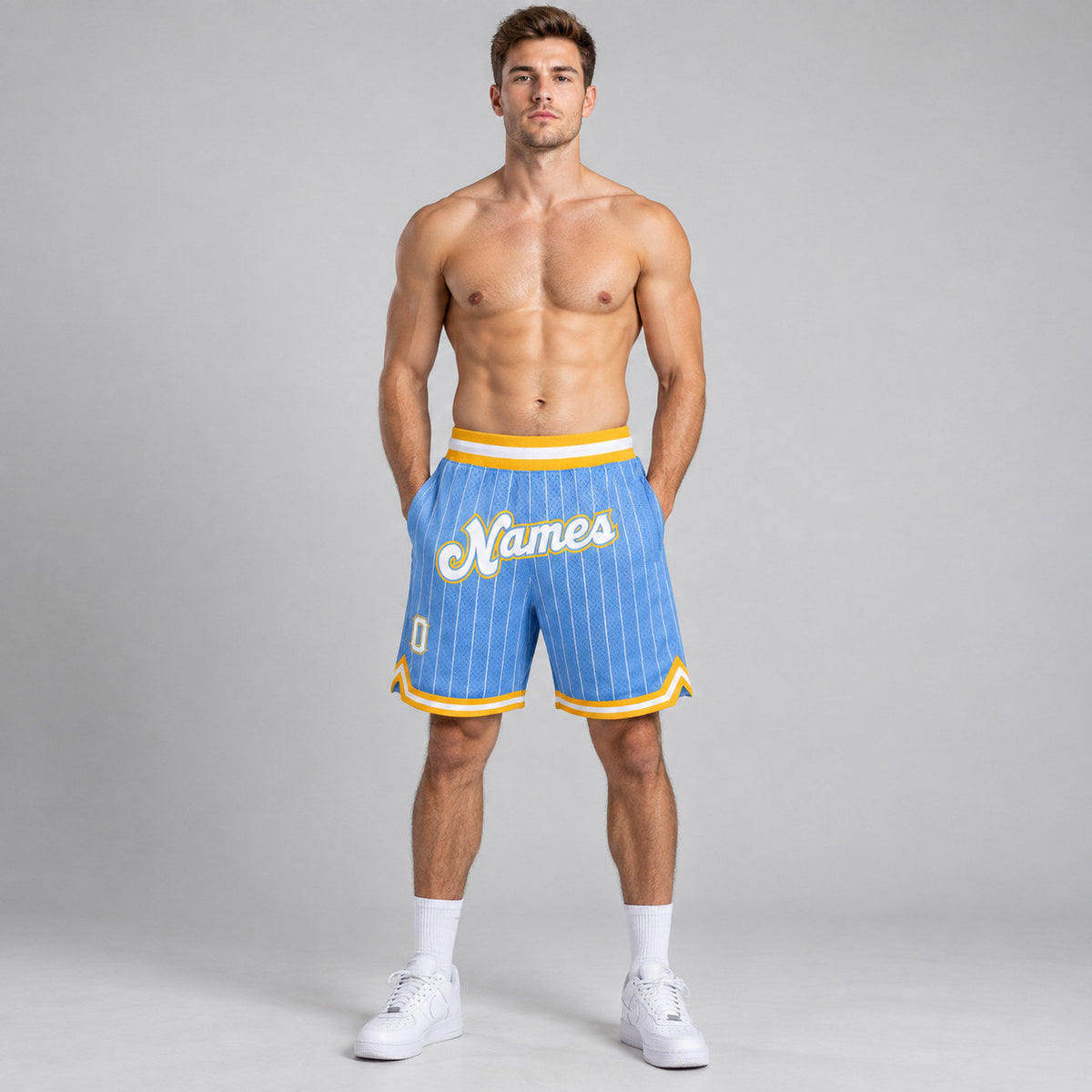 Custom Light Blue and White Pinstripe Authentic Basketball Shorts with White and Gold Lettering worn by male model