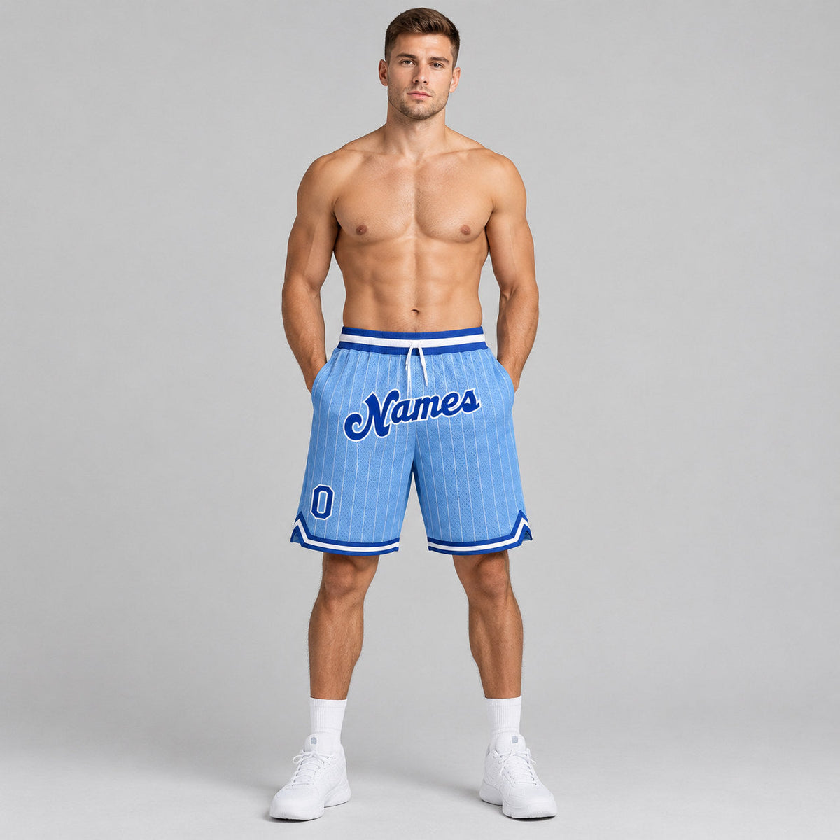 Custom Light Blue and White Pinstripe Authentic Basketball Shorts with Royal and White Lettering worn by male model
