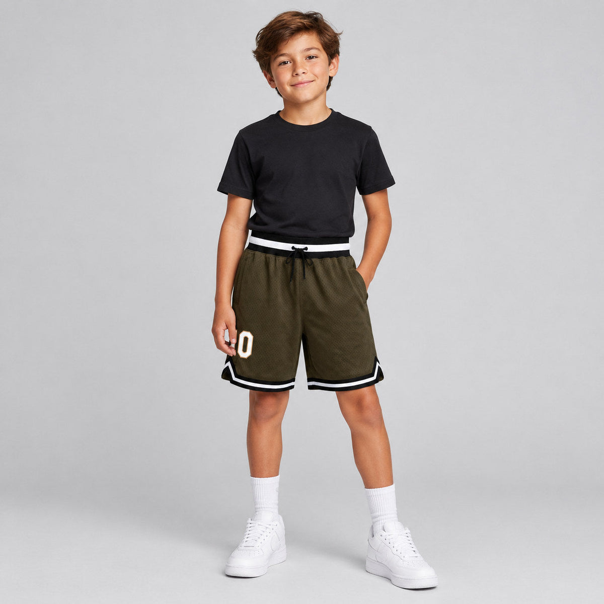 Custom Olive Salute To Service Authentic Throwback Basketball Shorts with White and Black Lettering youth size worn by child model