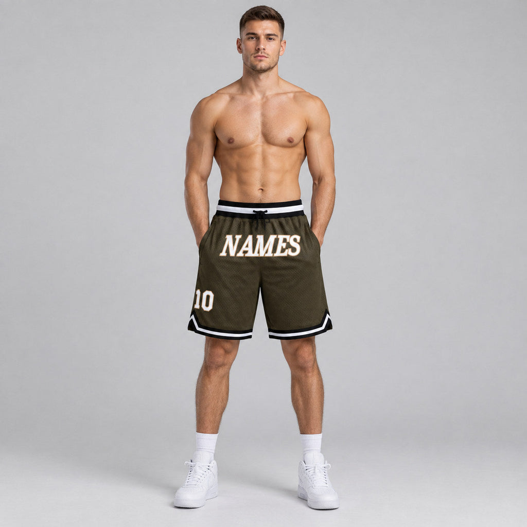 Custom Olive Salute To Service Authentic Throwback Basketball Shorts with White and Black Lettering worn by male model