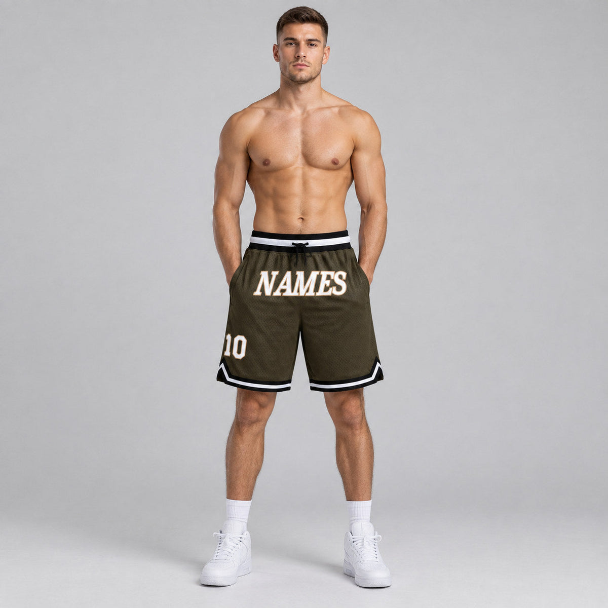 Custom Olive Salute To Service Authentic Throwback Basketball Shorts with White and Black Lettering worn by male model