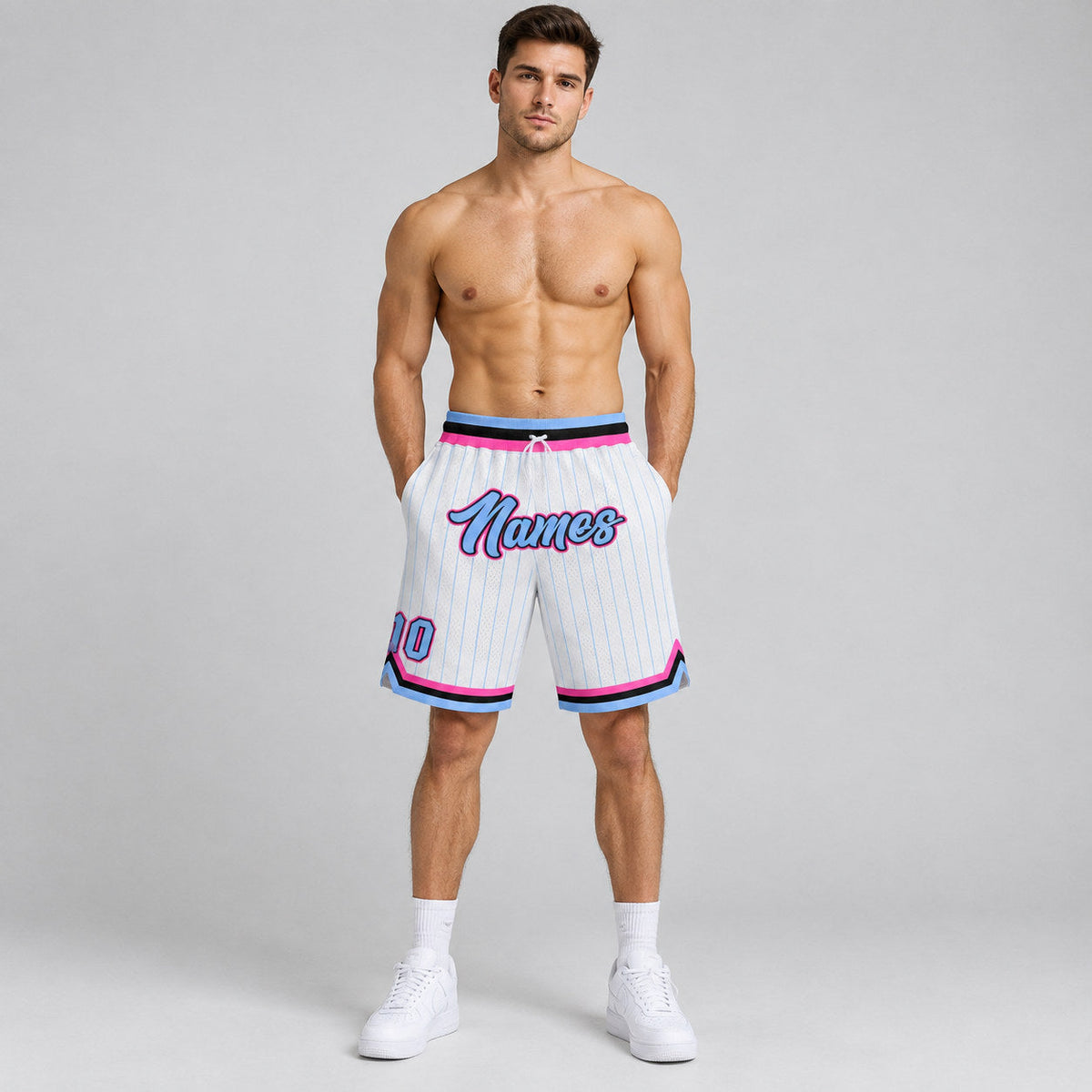 Custom White and Light Blue Pinstripe Authentic Basketball Shorts with Light Blue and Pink Lettering worn by male model