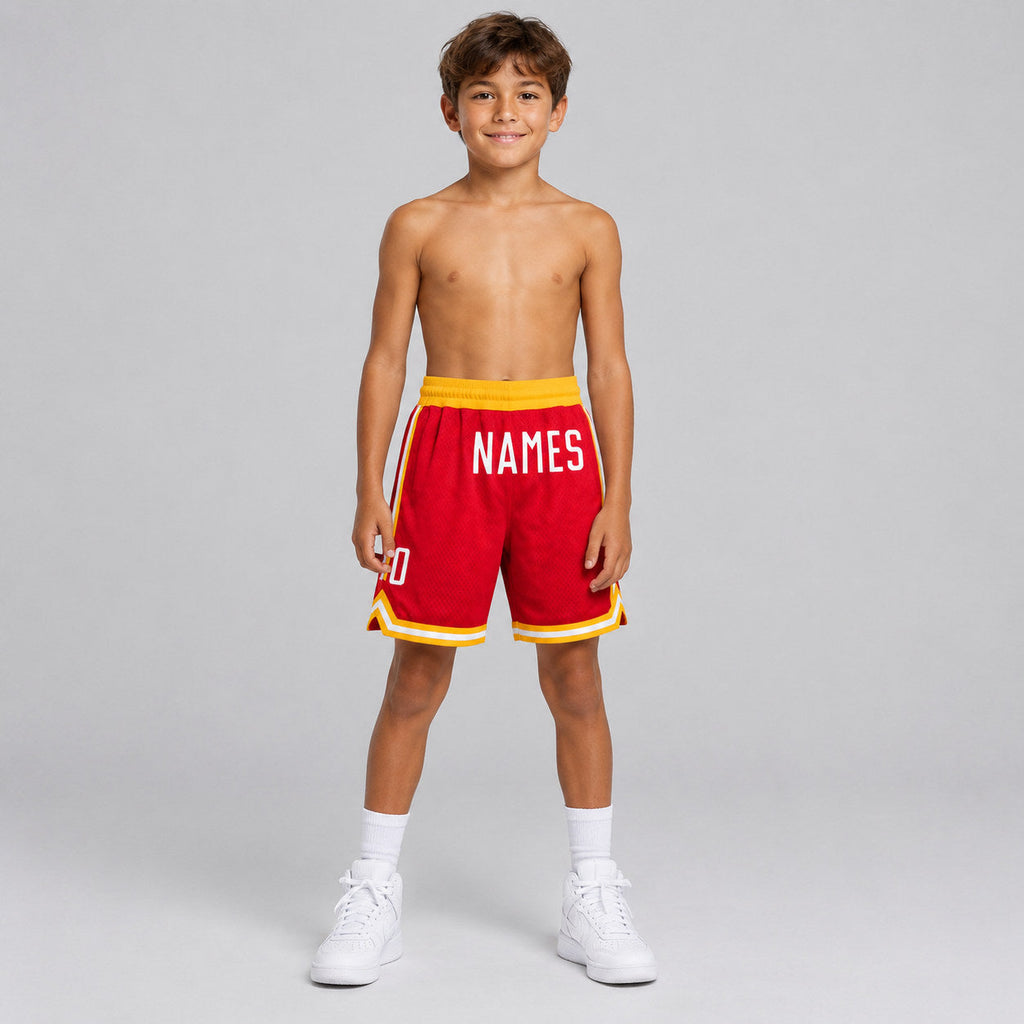 Custom Red Authentic Throwback Basketball Shorts with White Lettering Design 0355 youth size worn by child model