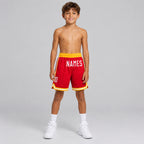Custom Red Authentic Throwback Basketball Shorts with White Lettering Design 0355 youth size worn by child model