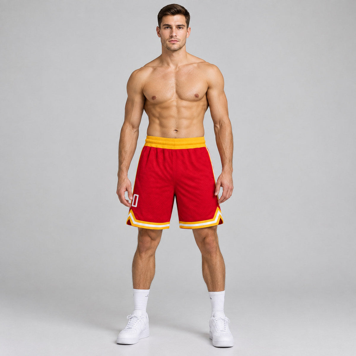Custom Red Authentic Throwback Basketball Shorts with White Lettering Design 0355 worn by male model