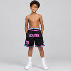 Custom Black Authentic Throwback Basketball Shorts with Pink and Light Blue Lettering Design 0315 youth size worn by child model