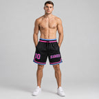 Custom Black Authentic Throwback Basketball Shorts with Pink and Light Blue Lettering Design 0315 worn by male model