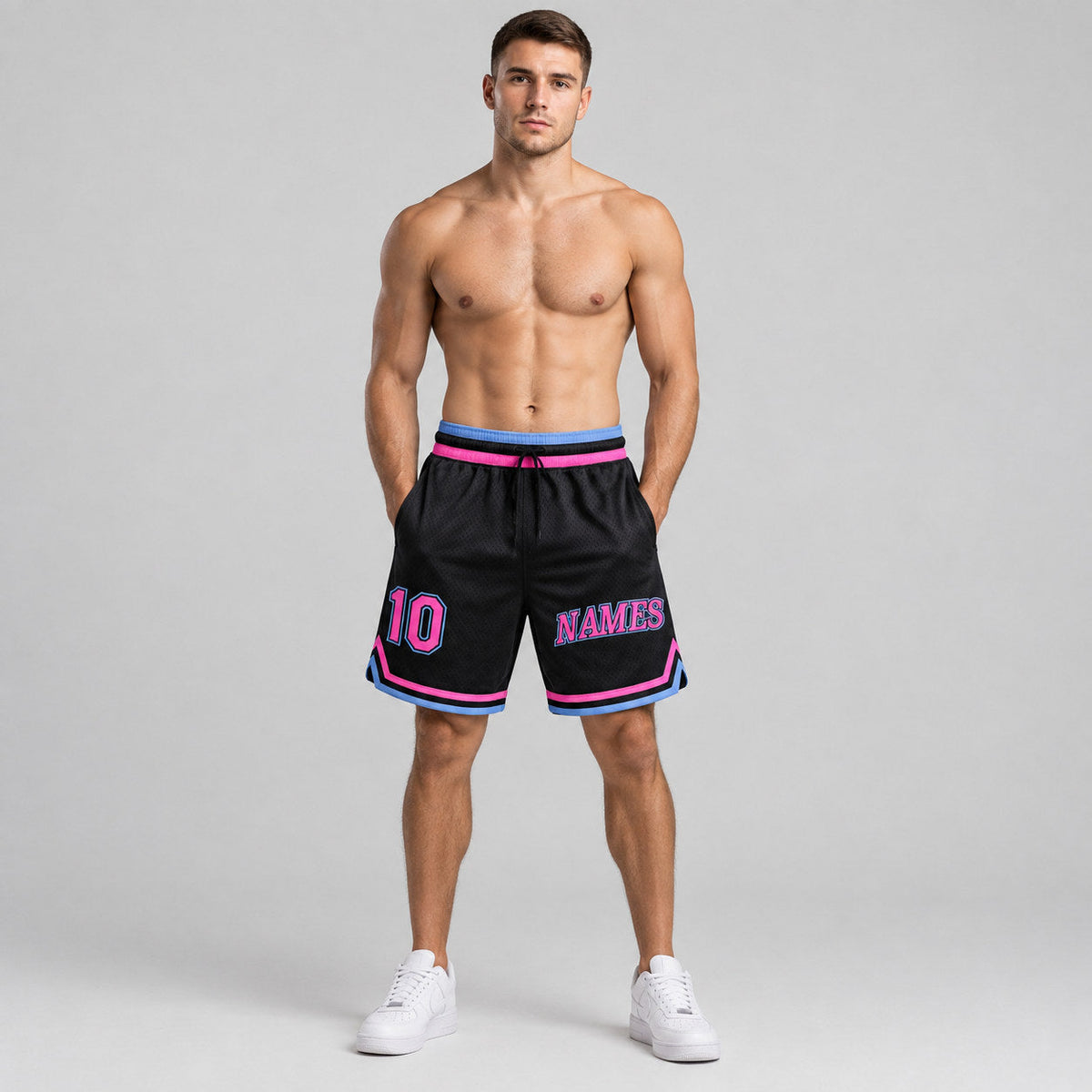 Custom Black Authentic Throwback Basketball Shorts with Pink and Light Blue Lettering Design 0315 worn by male model