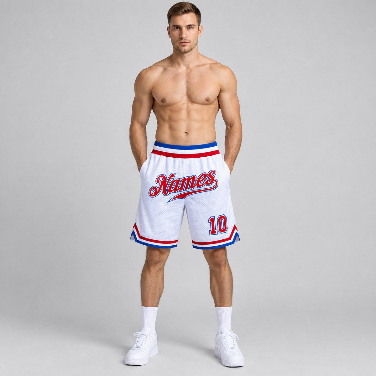 Custom White Authentic Throwback Basketball Shorts with Red and Royal Lettering Design 0426 worn by male model