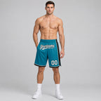 Custom Teal Authentic Basketball Shorts with White and Black Lettering worn by male model