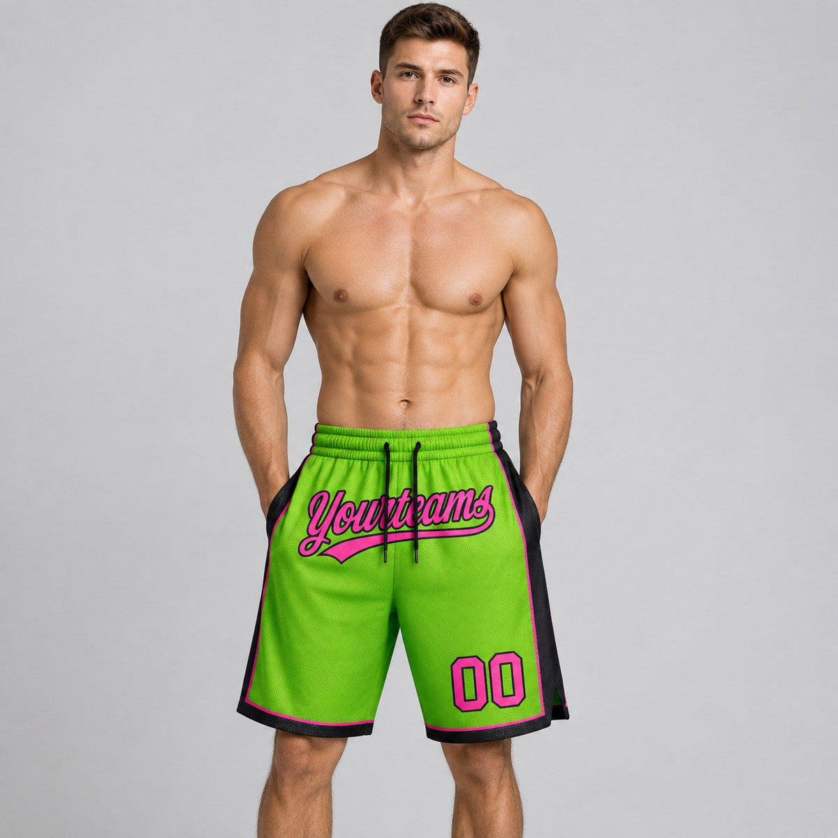 Custom Neon Green Authentic Basketball Shorts with Pink and Black Lettering worn by male model