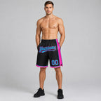 Custom Black Authentic Basketball Shorts with Sky Blue and Pink Lettering worn by male model