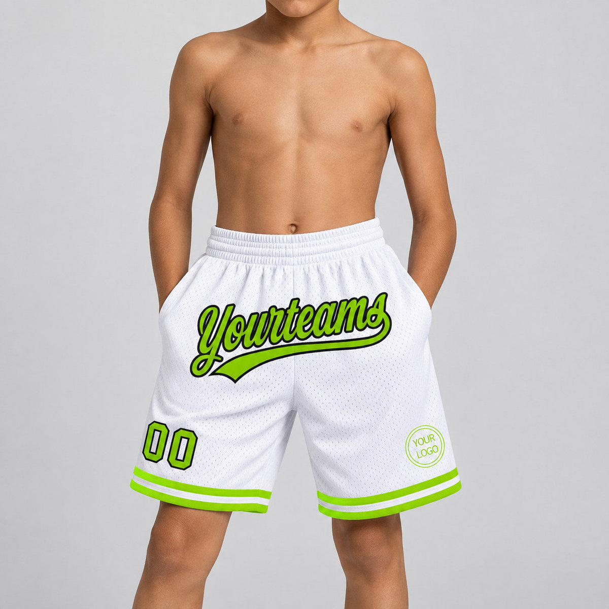 Custom White Authentic Throwback Basketball Shorts with Neon Green and Black Lettering youth size worn by child model