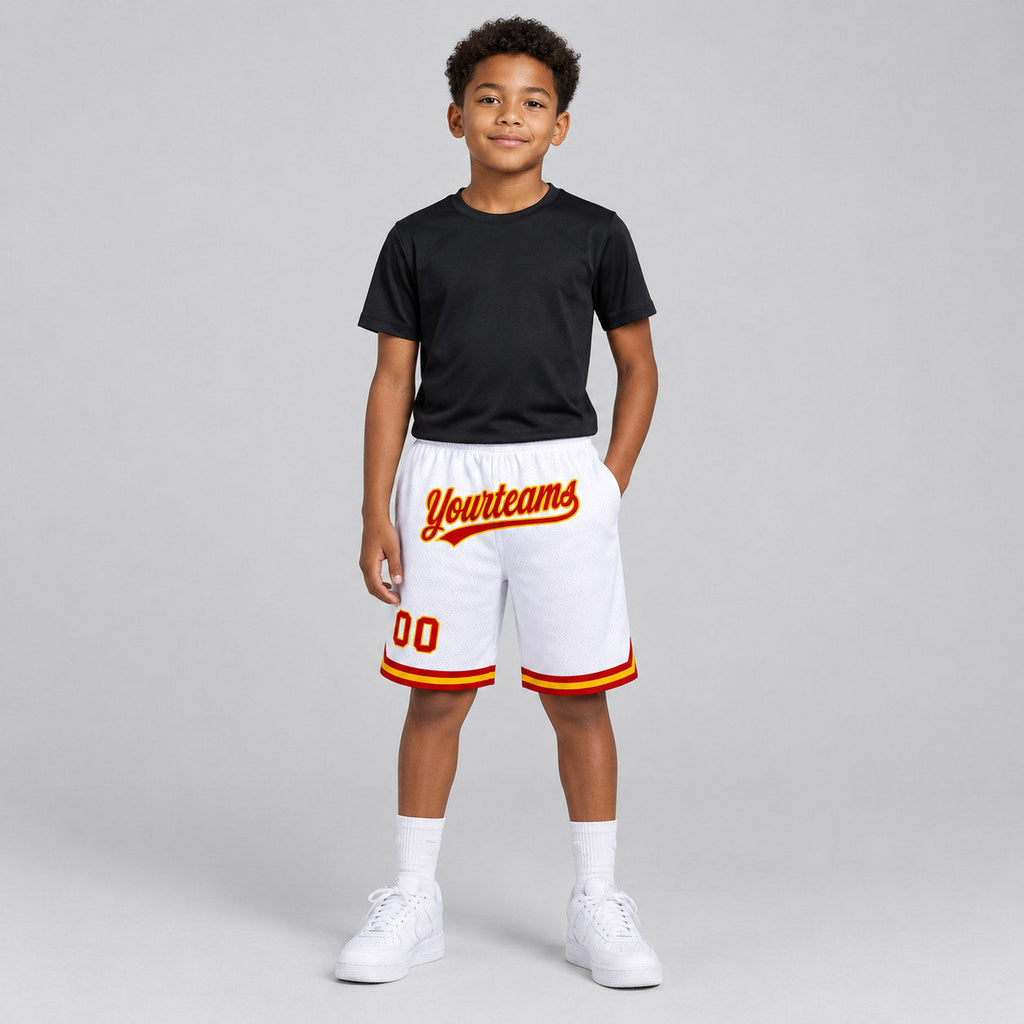 Custom White Authentic Throwback Basketball Shorts with Red and Gold Lettering Design 1298 youth size worn by child model