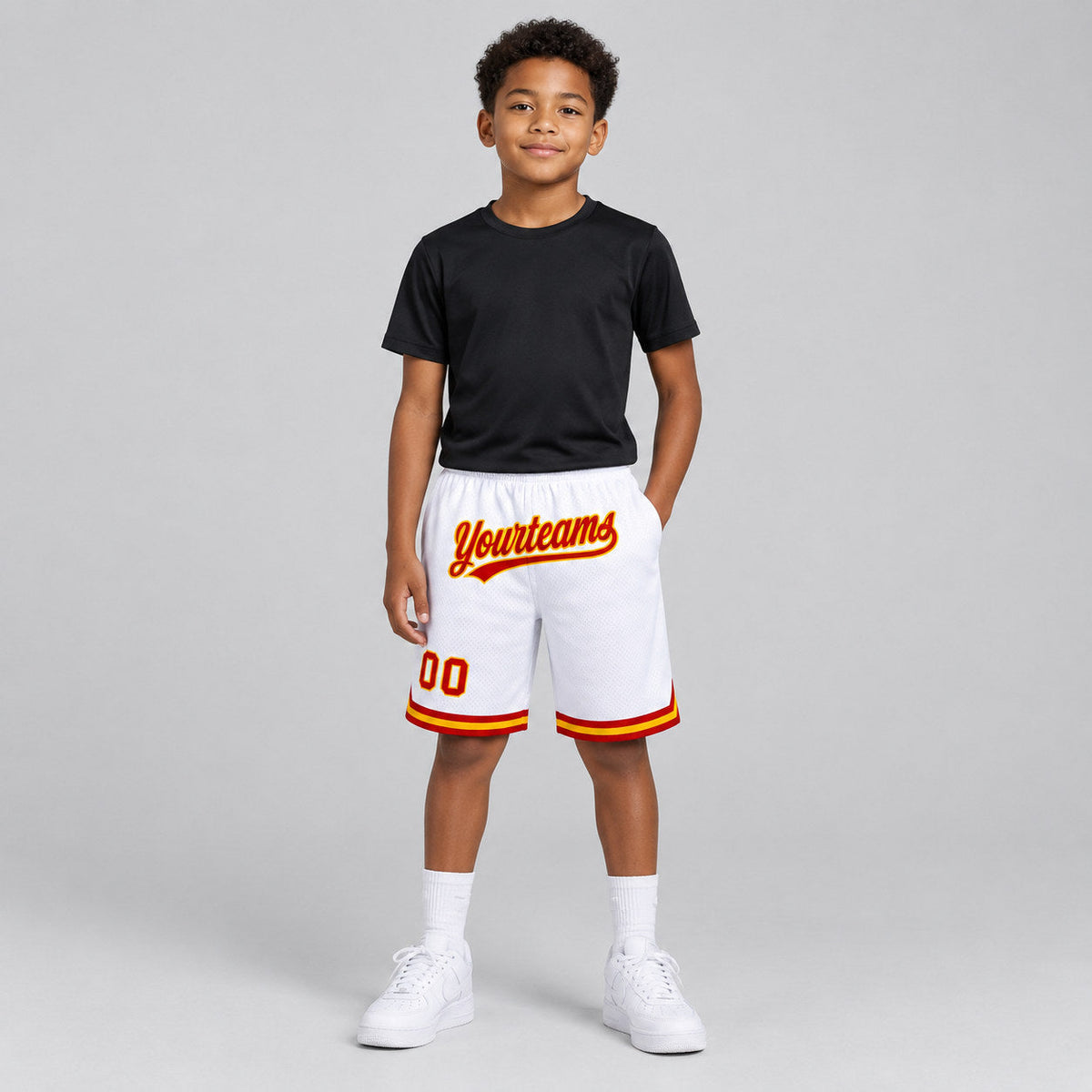 Custom White Authentic Throwback Basketball Shorts with Red and Gold Lettering Design 1298 youth size worn by child model