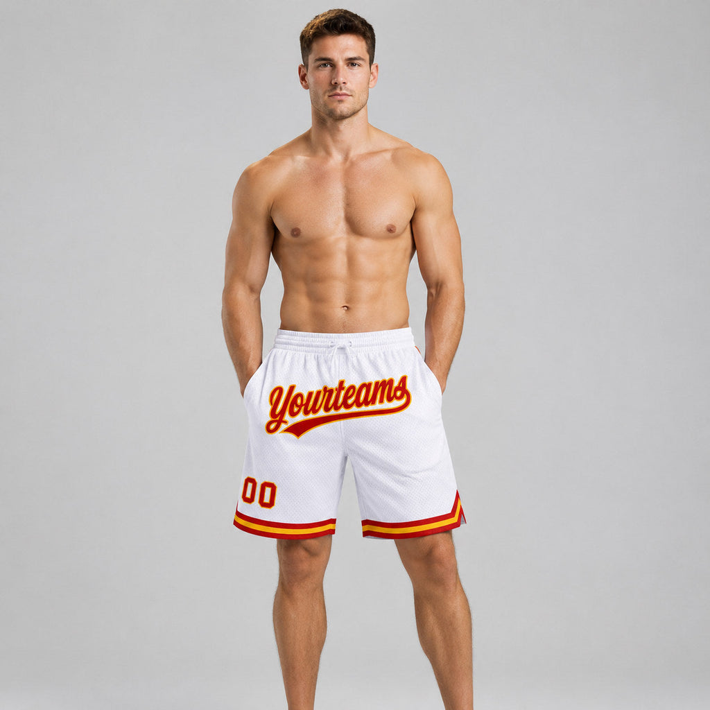 Custom White Authentic Throwback Basketball Shorts with Red and Gold Lettering Design 1298 worn by male model
