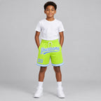 Custom Neon Green Authentic Throwback Basketball Shorts with Light Blue and White Lettering youth size worn by child model
